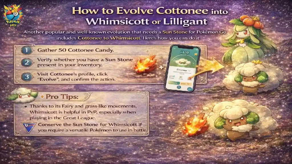 How to get sunstone in Pokemon Go with Evolve Cottonee into Whimsicotto Lilligant