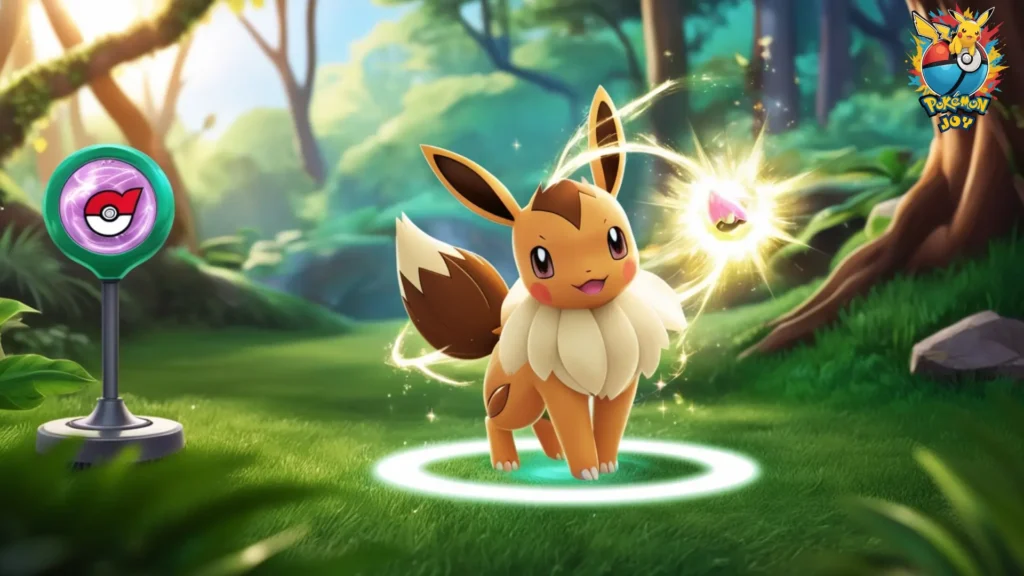 Eevee with magic stone glowing for evolve Eevee into Umbreon in Pokemon GO