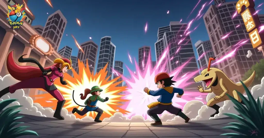 Trainers and Pokémon clash in city.