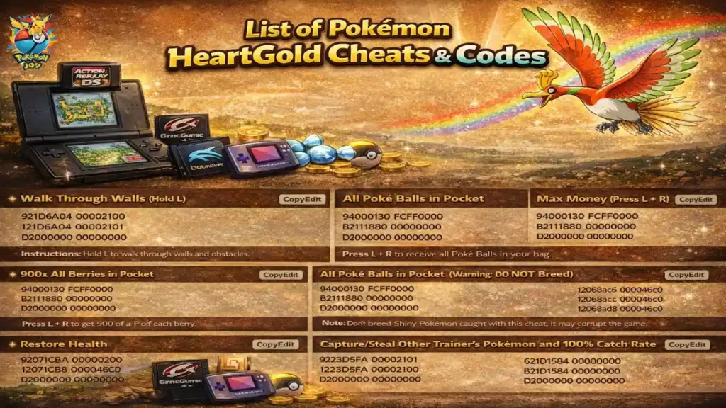 List of Pokemon Heart Gold NDS Cheats & Codes